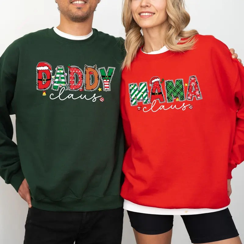 Couple Matching Daddy Claus Mama Claus Sweatshirt, Family Matching Christmas Sweaters, Holiday Mom Crewneck, Mommy To Be Gift, New Mom New Dad Tops