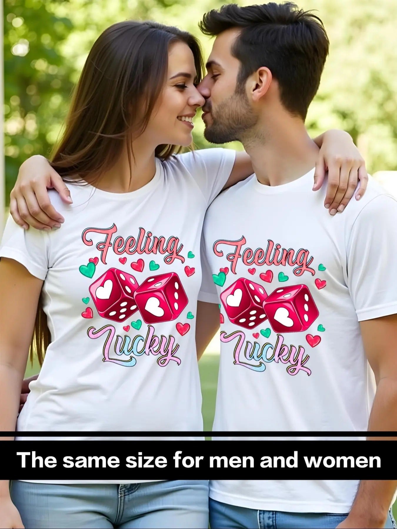 Couple'WB shield Dice & Heart Print Short Sleeve Tee, Casual Comfy Letter Print T-shirt for Daily Wear, Couple'WB shield...