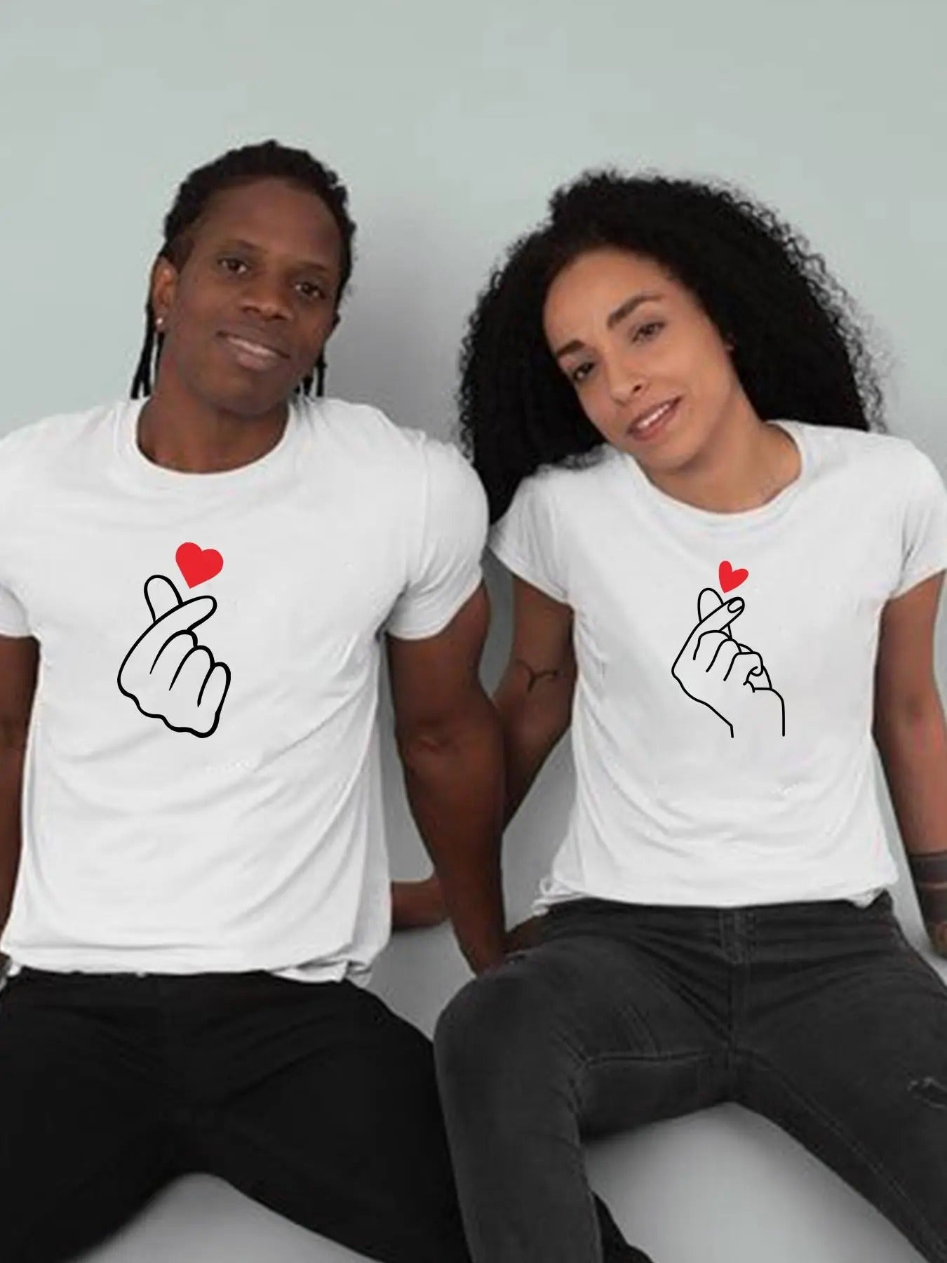 Couple'WB shield Heart Print Short Sleeve T-Shirt, Casual Street Loose Couple Tee, Couples Clothing for Daily Wear...