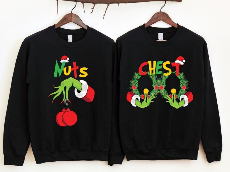 Couples Christmas Party Sweatshirt, Couples Chest Nuts Hoodie, Matching Wife Husband Sweater, Funny Christmas Gift Sweatshirt For Family, Holiday Boyfriend Girlfriend Christmas Hoodie.