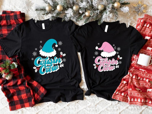 Cousin Crew Christmas Shirt, Pink Blue Santa Hat T-shirt, Cousin Christmas 2023 Tee, Family Matching Xmas Gift Tee, Cousin Holiday Gathering Shirt