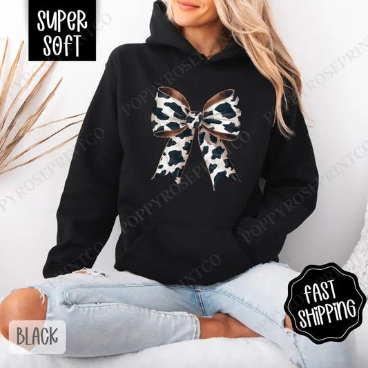 Cow Bow Hoodie, Cute Women's Crewneck, Trendy Women's Hooded Sweater