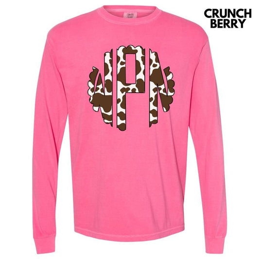 Cow Print Monogram Long Sleeve Comfort Colors T-Shirt 'NLB'