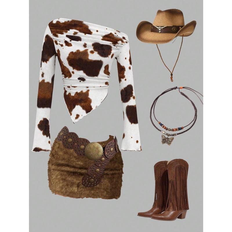 Cow Print One Shoulder T Shirt Y2k Long Bell Sleeve Tees Ruched Asymmetrical Crop Tops Western Outfit Top Hoodie, Sweatshirt