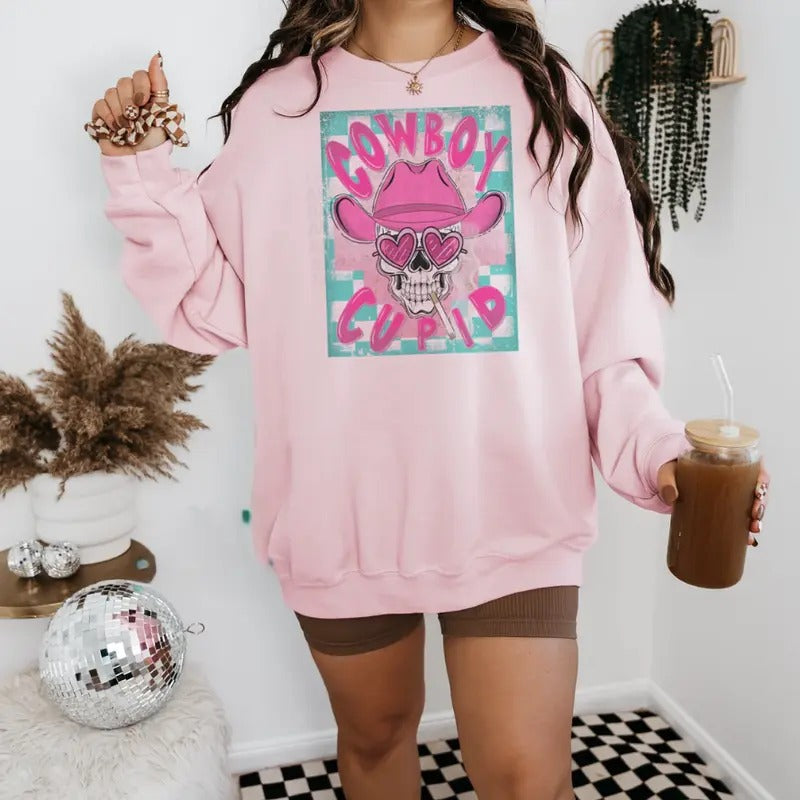 Cowboy Cupid Checkered sweawtshirt, Retro Valentine crewneck shirt for women, western outfits women, western clothing...