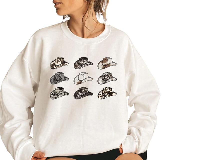 Cowboy Hat Graphic Tee, Cowboy Hat Sweatshirt, Cowgirl Sweatshirt, Cowboy Sweatshirt Women, Faux Cowhide Tee, Unisex...