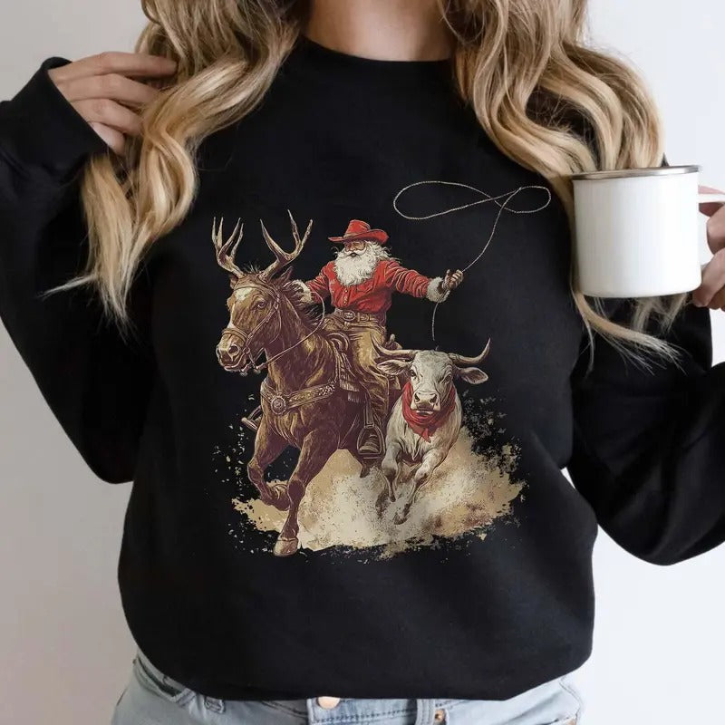 Cowboy Santa Western Roping Christmas Sweatshirt, Country Christmas Shirt, Cowgirl Gift Wrangling Santa, Unisex Long Sleeve Crewneck