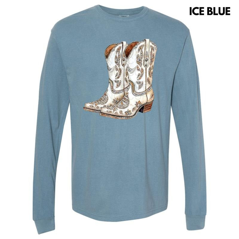 Cowgirl Boots Faux Rhinestone Long Sleeve Comfort Colors T-Shirt Hoodie, Sweatshirt | DripVista.com