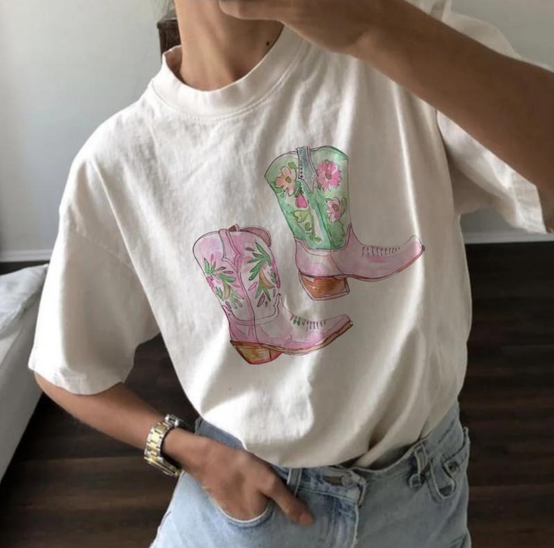 Cowgirl Boots Graphic Tee Aesthetic T-shirt Woman Boots Pink Cowgirl Shirt Outwear Crewneck Tee Spring Clothes Pink Boot...