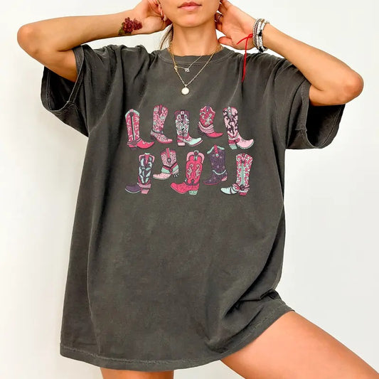 Cowgirl Boots Shirt, Country Concert Graphic Printed Tee, Western Vintage Unhinged Shirt, Country Girl T-shirt, Retro Cowgirl Girl Tee, Comfy Fabric Graphic Tee, Women's Tops, Womenswear, Cotton Fabric Relaxed Fit Chic Style