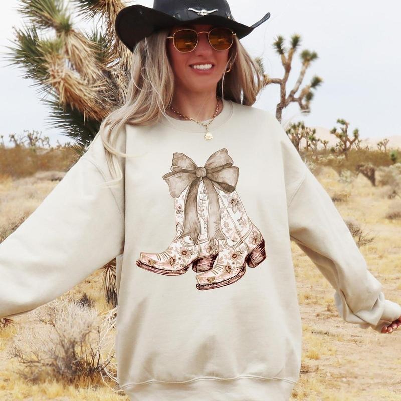Cowgirl Boots, Ribbon, Floral, Colorful, Western, Country Sweatshirt, Crew Neck, Women's, Crewneck