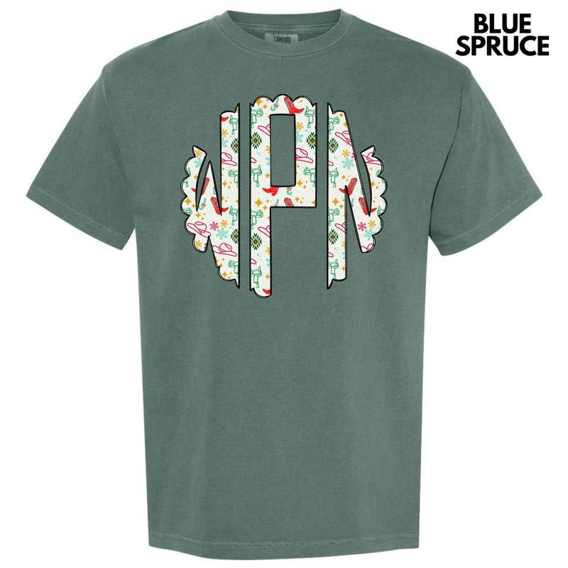 Cowgirl Christmas Monogram Comfort Colors T-Shirt 'NLB'