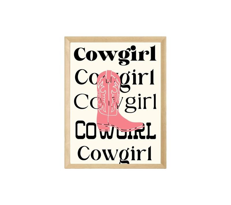 Cowgirl Multiple Font Minimalist Western Print, Pink Cowgirl Boot, Neutral Western Wall Art, Rustic Farmhouse, Poster...