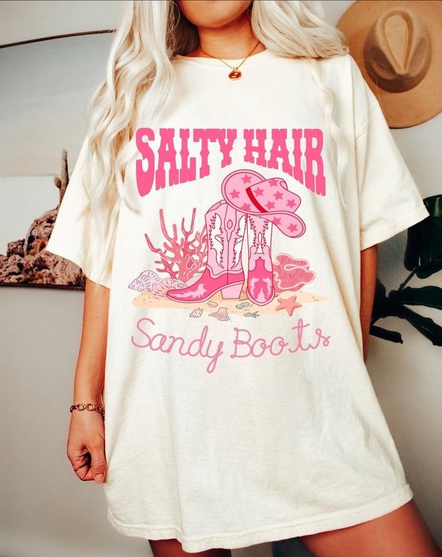 Cowgirl Summer T Shirt Hoodie Sweater, Western summer Shirt, Coastal Cowgirl Shirt, Retro Western Shirt, Trendy Summer Shirt Sublimation, Salty Hair Sandy Boots Shirt style 02