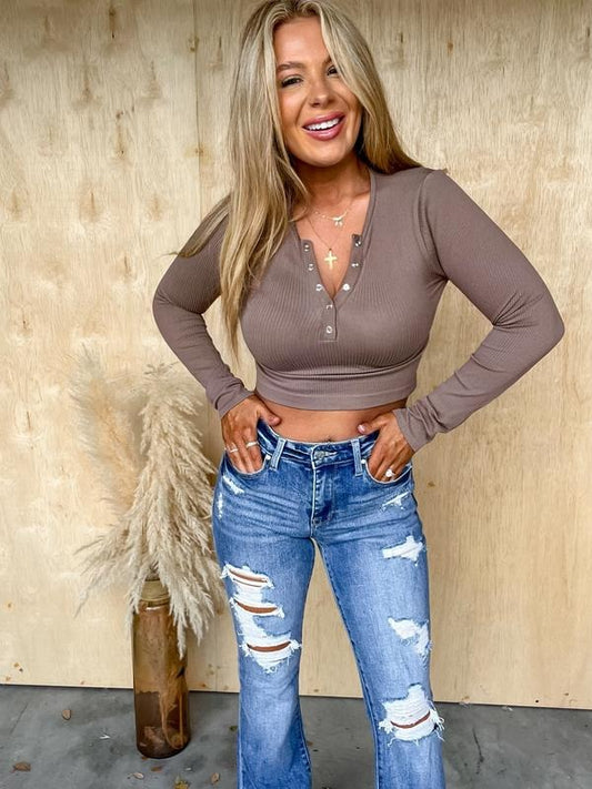 Cozy Callings Mocha Cropped Henley Top
