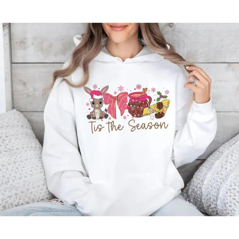 Cozy Coquette Christmas Shirt, Festive Mexican Sweater, Calories Don't Count Hoodie, Pink Spanish Tee with Tuki Donkey and Chocolate Abuelita Design