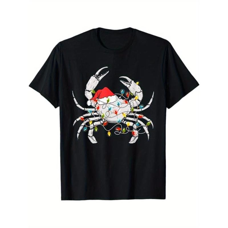 Crab Santa Hat Xmas Lights Sea Animal Lover Ugly Christmas T-Shirt, 100% Cotton, Gift for Men Women Dad Mom Friends,...