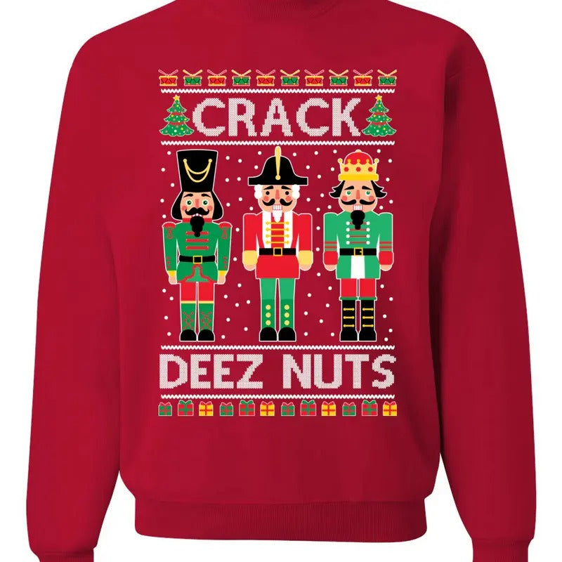 Crack Deez Nuts Meme Merry Ugly Christmas Sweater Unisex Crewneck Graphic Sweatshirt, Funny Christmas Sweatshirt