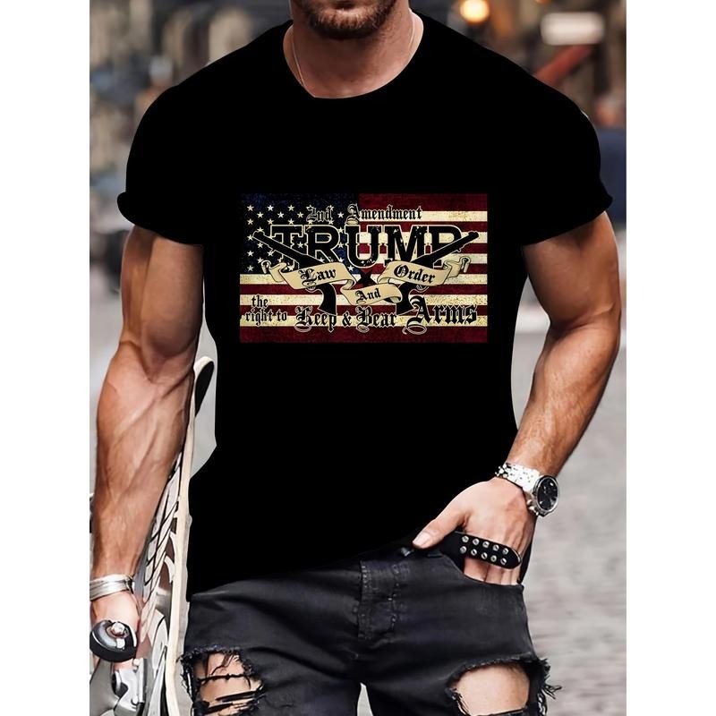 Creative USA Flag & "Trump" Alphabet Print Men'WB shield Crew Neck Short Sleeve T-shirt, Casual Summer T-Shirt For Daily...