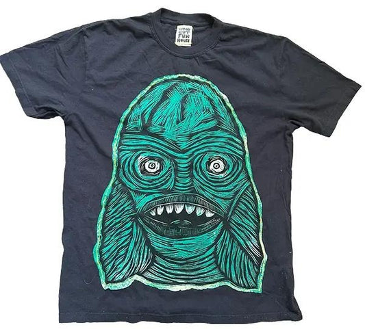 Creature Head Woodcut Appliqued  Hand printed  Woodcut T Shirt Menswear Cotton Top Streetwear Casual
