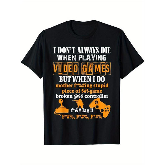 Crew Neck Letter And Game Console Print Men's Fashionable Summer Short Sleeve Sports T-shirt, Comfortable And Versatile made in usa