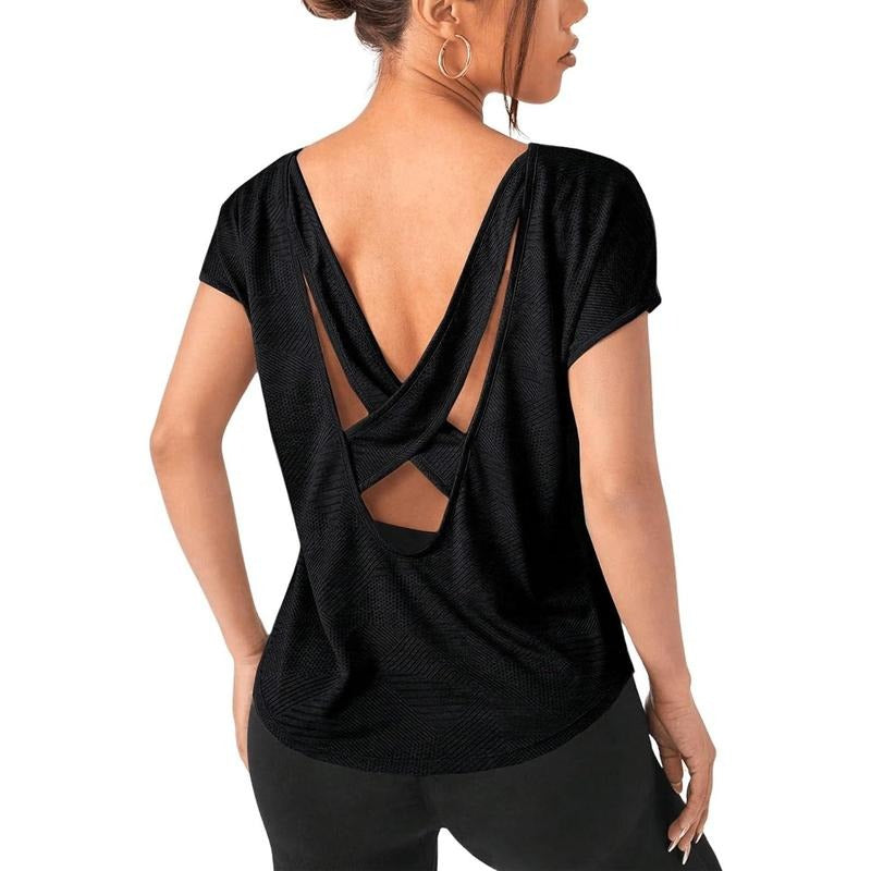 Criss Cross Backless Yoga Shirt Sports Tops Short Sleeve Round Neck Workout Lightsaber brand Shirt Hoodie, Sweatshirt