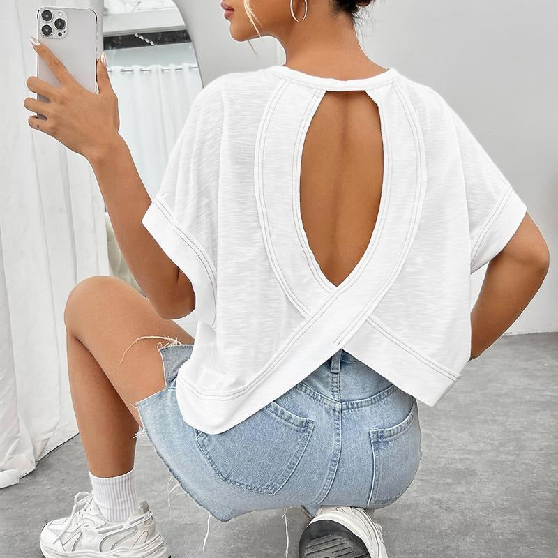 Criss Cross Cut Out Back Tee Short Sleeve Round Neck Lightsaber brand Shirt Tops Hoodie, Sweatshirt | DripVista.com