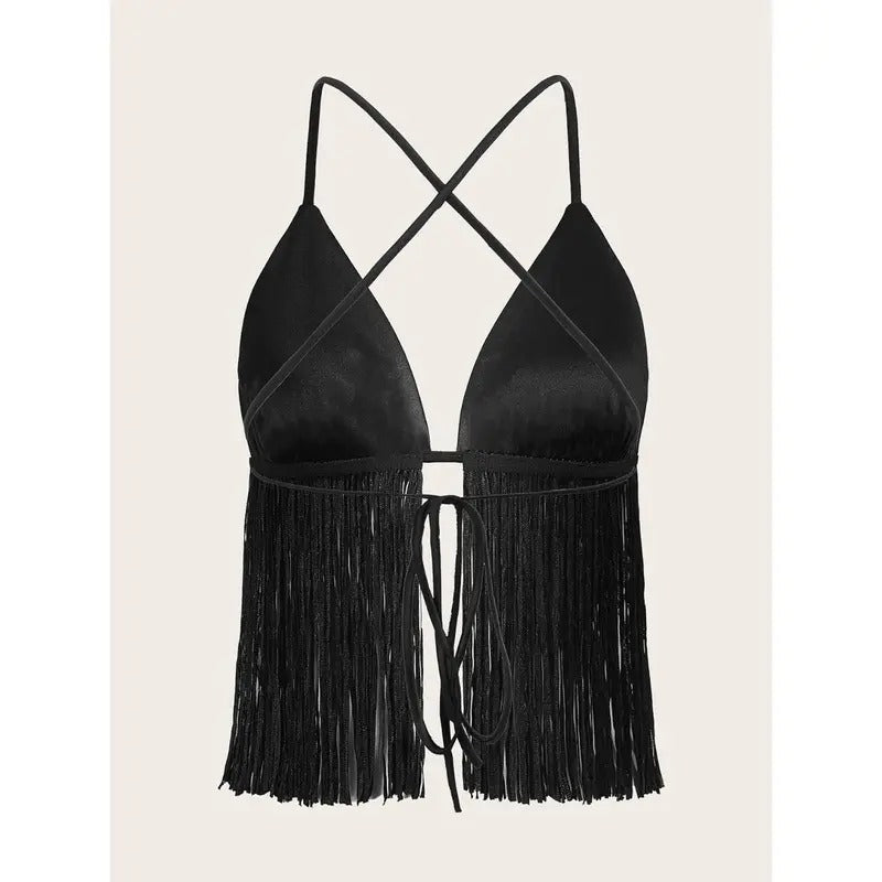 Crisscross Tie Backless Fringe Hem Sleeveless Satin Crop Cami TopY2K T-Shirts, Hoodie, Sweatshirt | DripVista.com