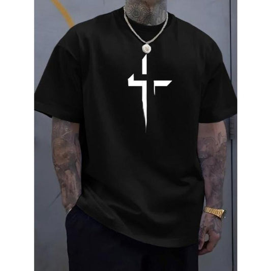 Cross Creative Print Men's Casual T-Shirt, Summer Fashion Crew Neck Short Sleeve Top, Modern Streetwear Style For Men Made In USA