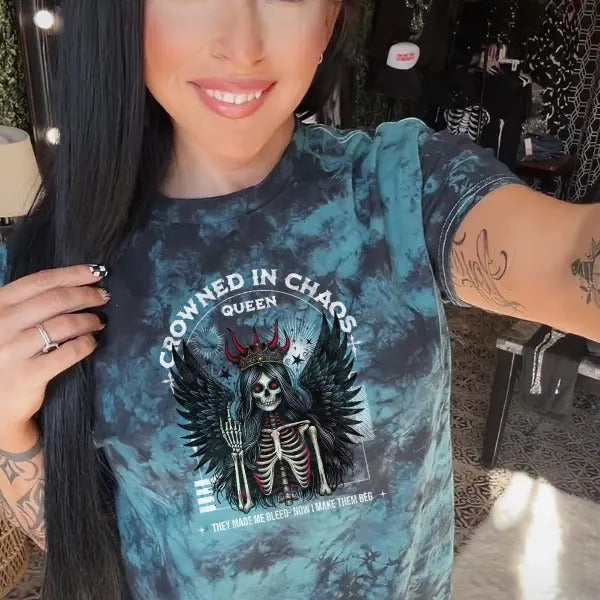 'Crowned in Chaos' Black & Green Tie Dye T Shirt Pullover , Alt, Grunge, Streetwear, Sarcastic, Punk, Cotton, Casual, Comfort