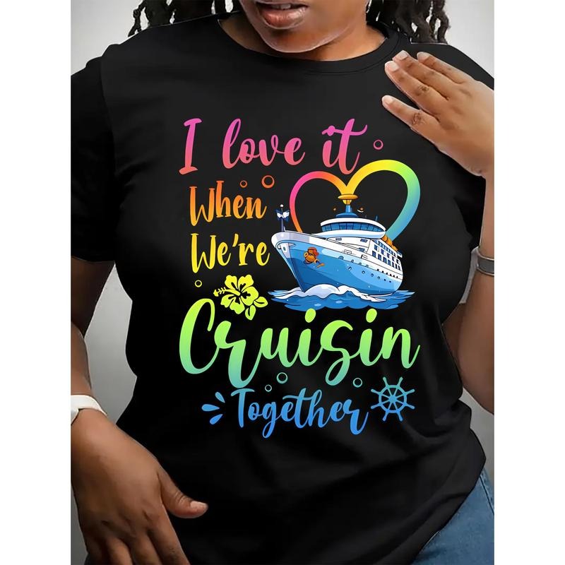 Cruise Travel Graphic Print T-Shirt, Short Sleeve Crew Neck Casual Top For Summer & Spring, Women'WB shield Clothing...