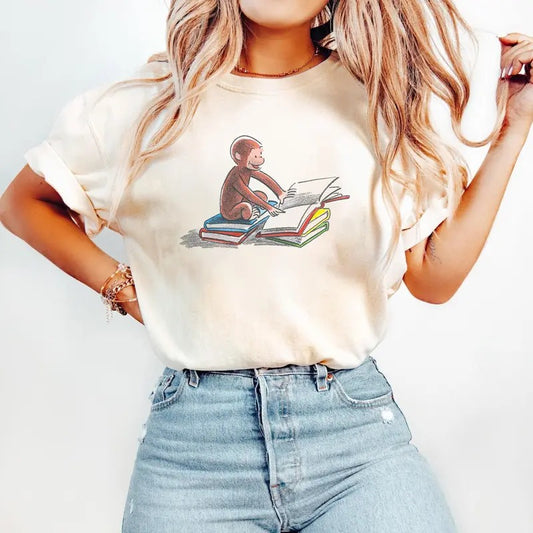 Curious George Book Reading Unisex TShirt, Vintage Y2K Cartoons, 90s Style Unisex TShirt, Comics, Soft Girl, Nostalgia, 100% Cotton
