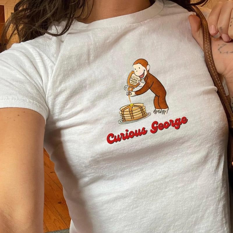 Curious George Graphic Baby Tee - Good morning pancakes shirt, cute pancake graphic top, trendy baby tee, y2k babytee nostalgic cartoon
