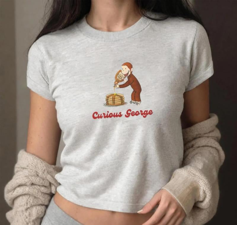 Curious George Monkey Baby Tee, Good Morning Pancake Baby Tee, Cute Pancake T-Shirt, Nostalgic Cartoon Baby Tee, George Monkey Pancake Baby Tee