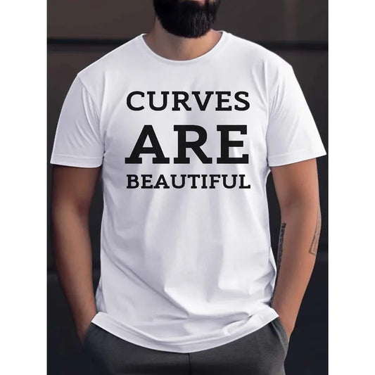 Curves Are Beautiful Print T Shirt, Tees For Men, Casual Short Sleeve T-shirt For Summer Made in USA