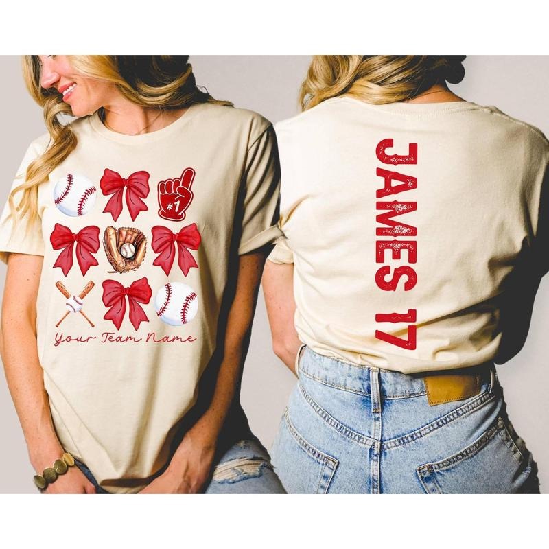 Custom Baseball Mama Shirt with Bow,  Tball Mom Shirt, Team Mom T Shirt with Kid Name Number,Baseball Sister Tee