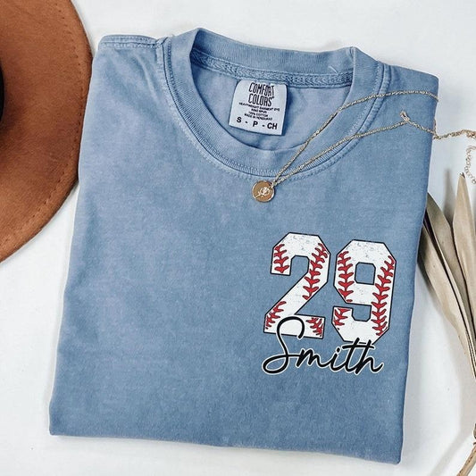 Custom Baseball Pocket Shirt, Baseball Comfort Colors , Personalized Baseball Number Shirt, Baseball Gift, Baseball Fan Tee, Sports Mom tee