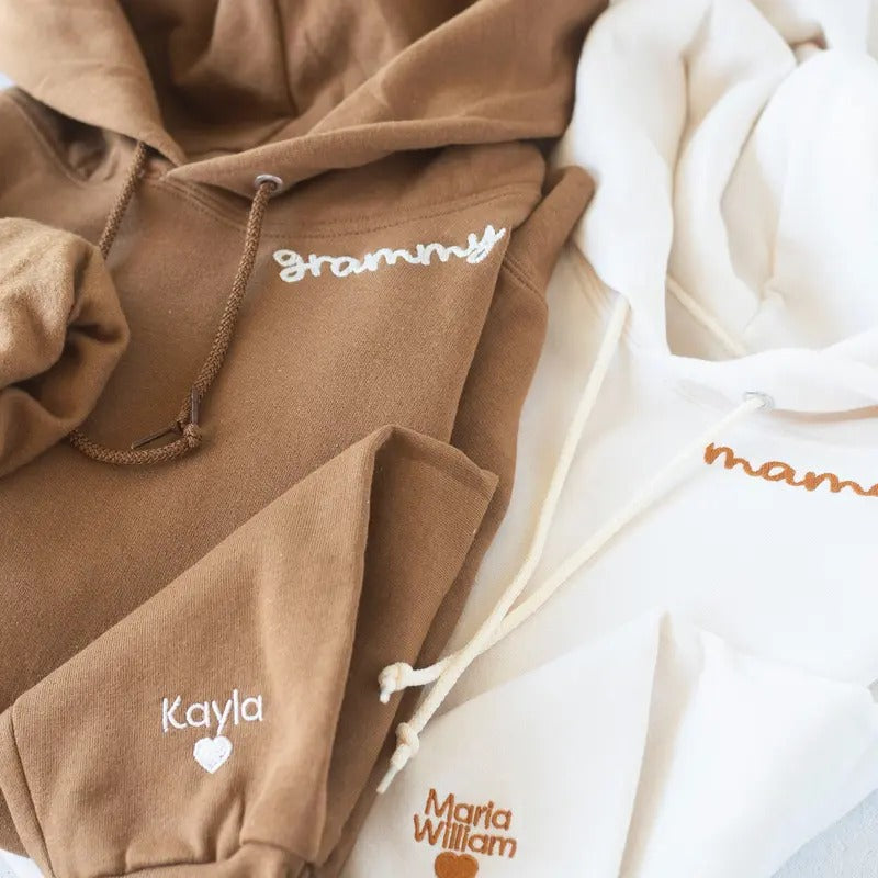 Custom Collar and Sleeve Embroidered Hoodie, Embroidered Mom mama Grandmother Hoodie with Kids Names Kids Names,...