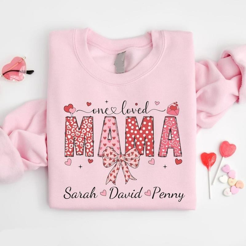 Custom Coquette Mama Valentines Day Sweatshirt, One Loved Mama Sweater, Personalized Valentine's Day Gift for Mom, Coquette Bow Shirt