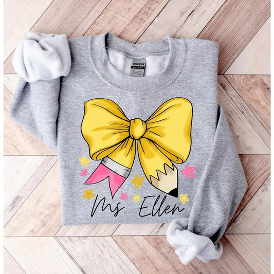Custom Coquette Teacher Name Shirt, Coquette Pencil Bow Shirt, Trendy Back to School Tee, Elementary Teacher Appreciation Gift