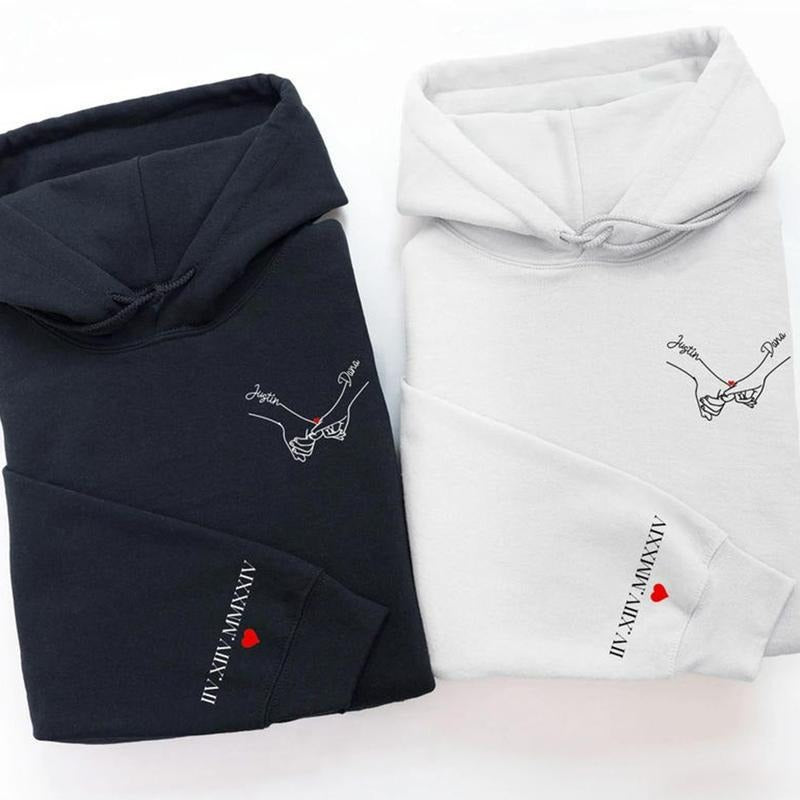 Custom Couple Pinky Promise Matching Crewneck Sweater, Hoodie with Roman Numeral Date on Sleeve, Valentines Day Gift, Anniversary Gift, Couple Gift