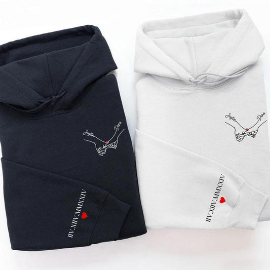Custom Couple Pinky Promise Matching Crewneck Sweater, Hoodie with Roman Numeral Date on Sleeve, Valentines Day Gift, Anniversary Gift, Couple Gift