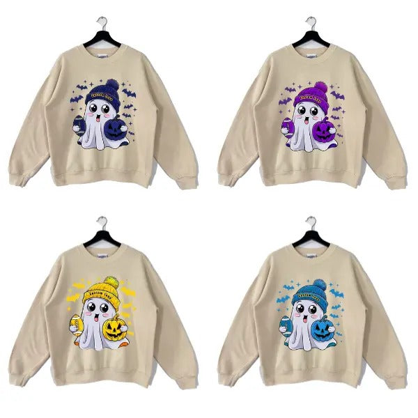 Custom Cute Ghost All Team Football Sweatshirt, Halloween Football Fan Ghost with Pumpkin