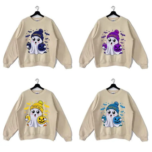 Custom Cute Ghost All Team Football Sweatshirt, Halloween Football Fan Ghost with Pumpkin