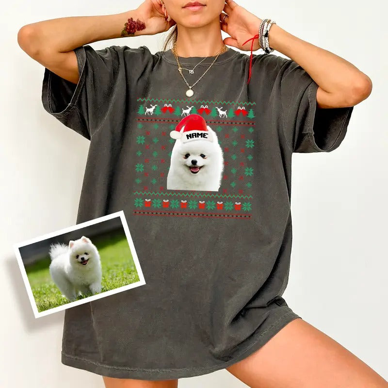 Custom Dog Photo Ugly Christmas T-shirt Comfort Colors, Customized Christmas Pet Shirt, Funny Dog Mom Tee, Pet Portrait Tops, Dog Lover Gift Ideas