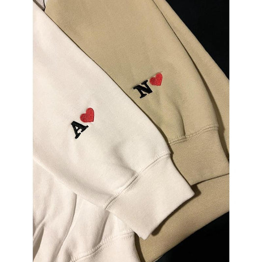 Custom Embroidered Initial Heart Sweatshirt, Personalized Couples Gifts, Valentines Couple Initials, Matching Sleeve Initial Sweatshirts style 02