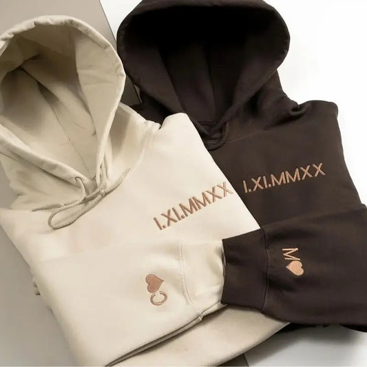 Custom Embroidered Roman Numeral Hoodie - Classic Cotton Fabric, Personalize with Sleeve Initials, Perfect Gift for Couples, Medium Size - Menswear