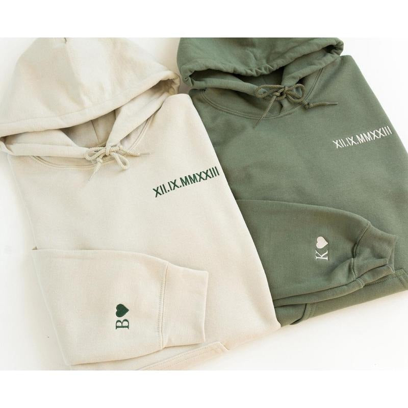 Custom Embroidered Roman Numeral Hoodie - Couples Gift - Personalized Gift Date Hoodie Initial on Sleeve - Engagements,...