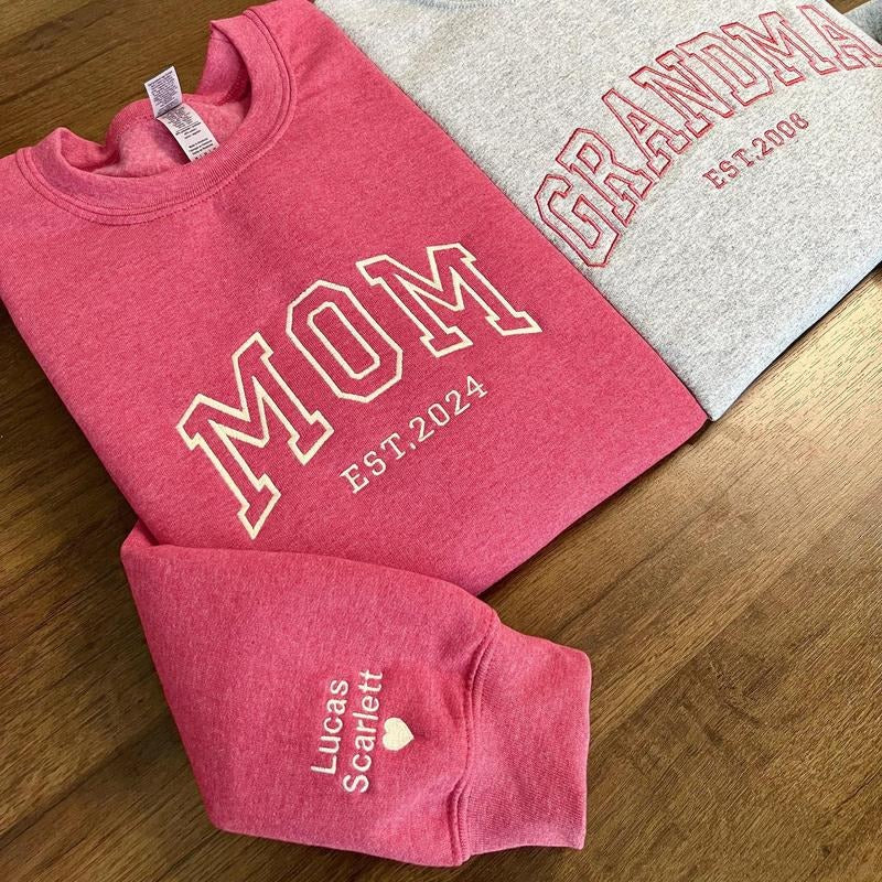 Custom Embroidered Sweatshirt, Name On Sleeve With Heart, Grandma Shirt With Date, Mama Est Year Shirt, Gift For New Mom, Mothers Day Gift