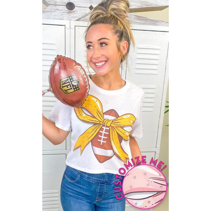 Custom Football Bow Rhinestone Graphic Crop Top T-Shirt